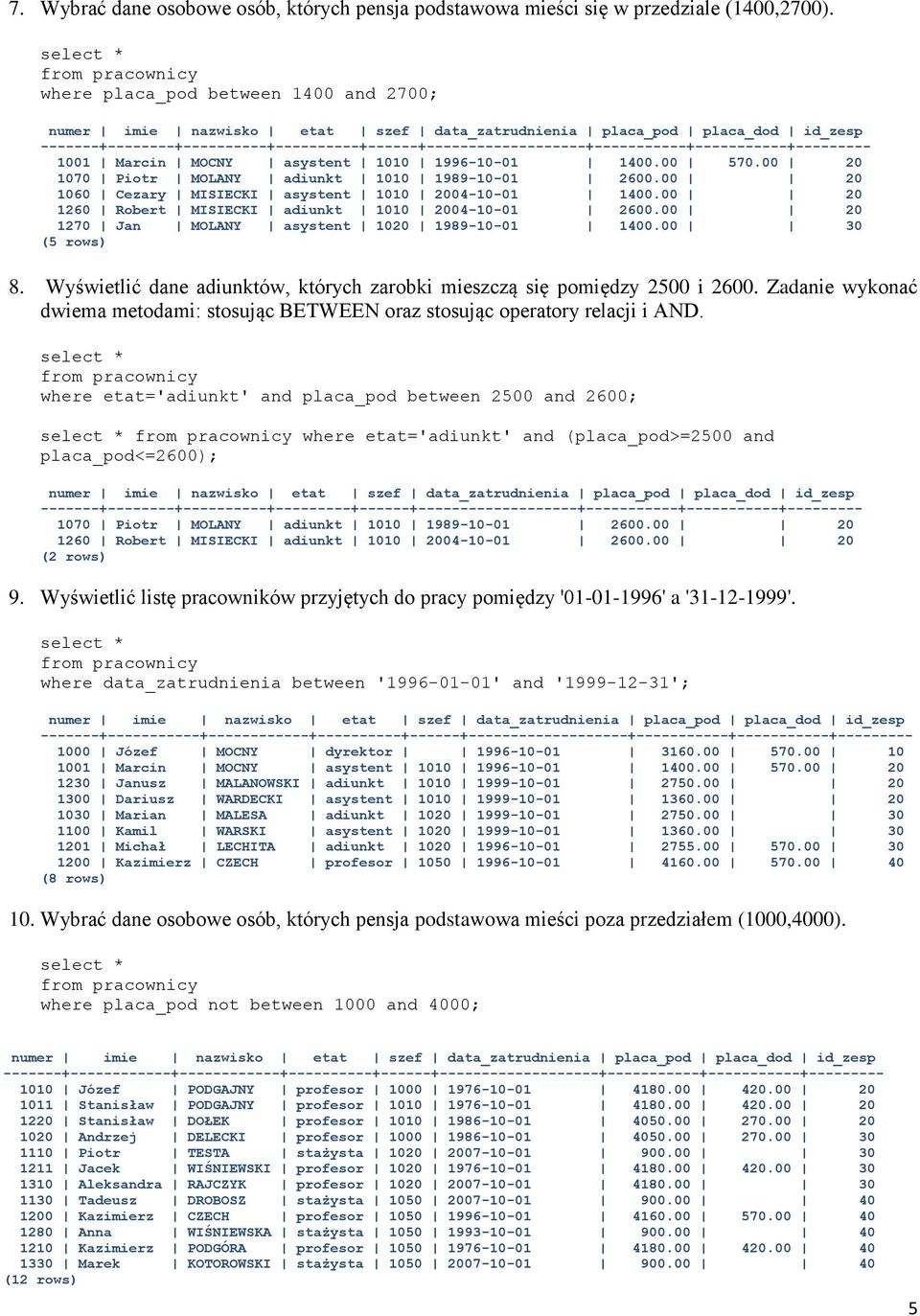 00 20 1070 Piotr MOLANY adiunkt 1010 1989-10-01 2600.00 20 1060 Cezary MISIECKI asystent 1010 2004-10-01 1400.00 20 1260 Robert MISIECKI adiunkt 1010 2004-10-01 2600.