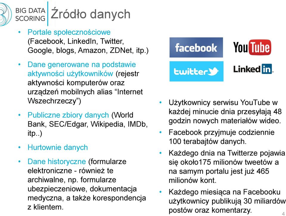 IMDb, itp..) Hurtownie danych Dane historyczne (formularze elektroniczne - również te archiwalne, np. formularze ubezpieczeniowe, dokumentacja medyczna, a także korespondencja z klientem.