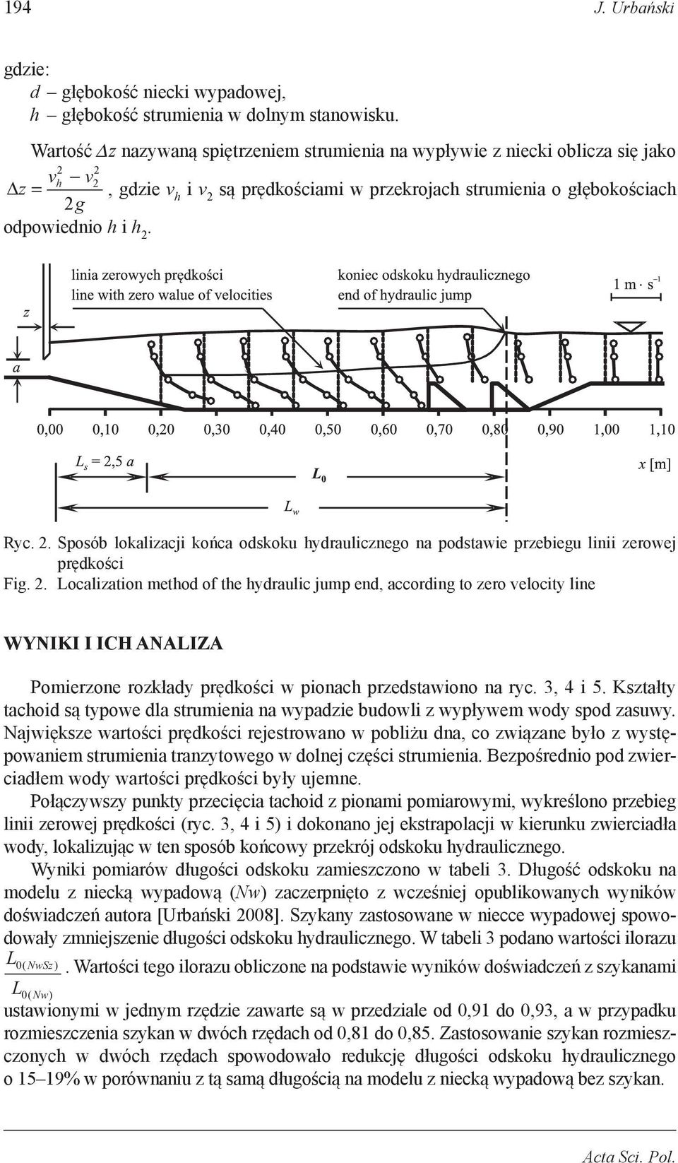 2. Localization method of the hydraulic jump end, according to zero velocity line Wyniki i ich analiza Pomierzone rozkłady prędkości w pionach przedstawiono na ryc. 3, 4 i 5.