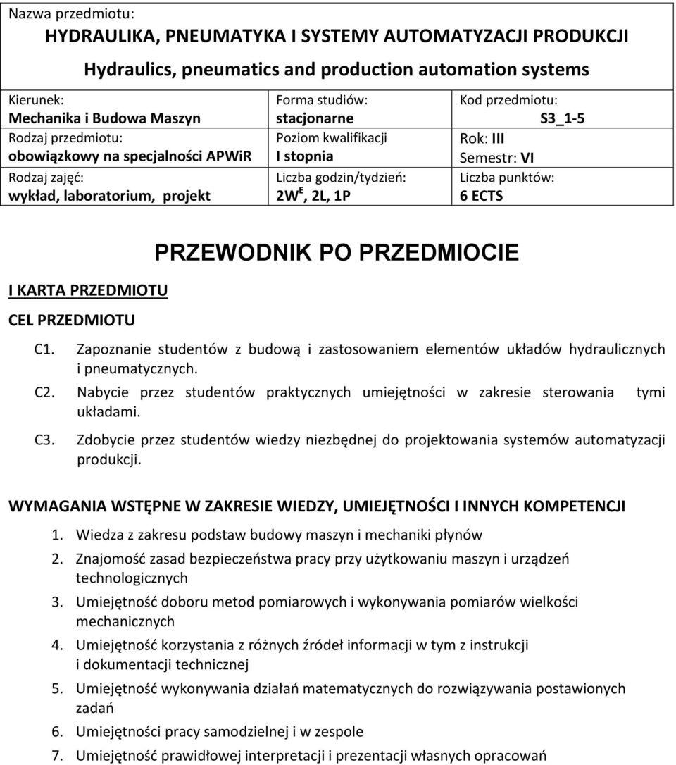 VI Liczba punktów: 6 ECTS I KARTA PRZEDMIOTU CEL PRZEDMIOTU PRZEWODNIK PO PRZEDMIOCIE C1. Zapoznanie studentów z budową i zastosowaniem elementów układów hydraulicznych i pneumatycznych. C. Nabycie przez studentów praktycznych umiejętności w zakresie sterowania tymi układami.