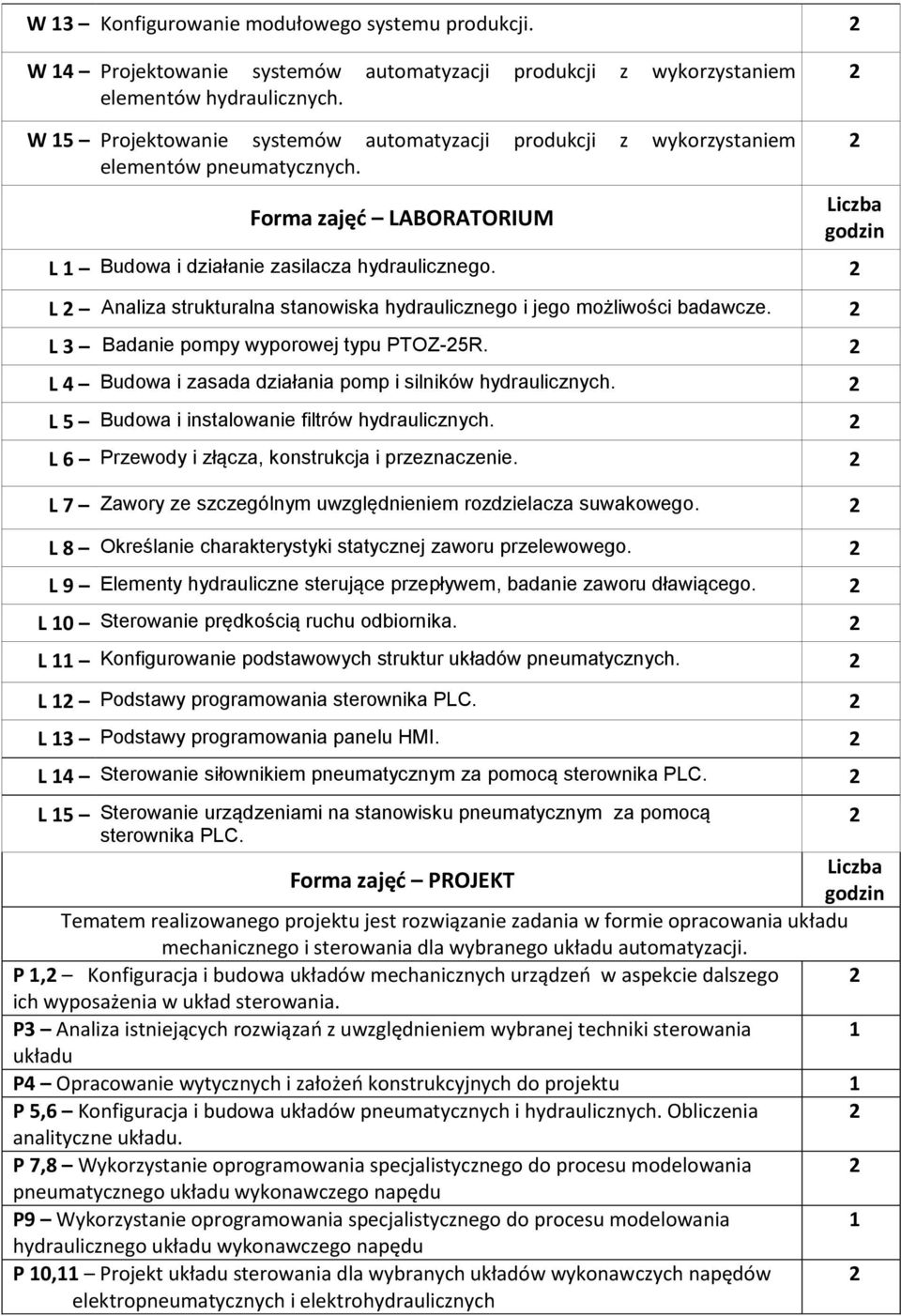 . Analiza stru L Analiza strukturalna stanowiska hydraulicznego i jego możliwości badawcze. L 3 Badanie pompy wyporowej typu PTOZ-5R. L 4 Budowa i zasada działania pomp i silników hydraulicznych.