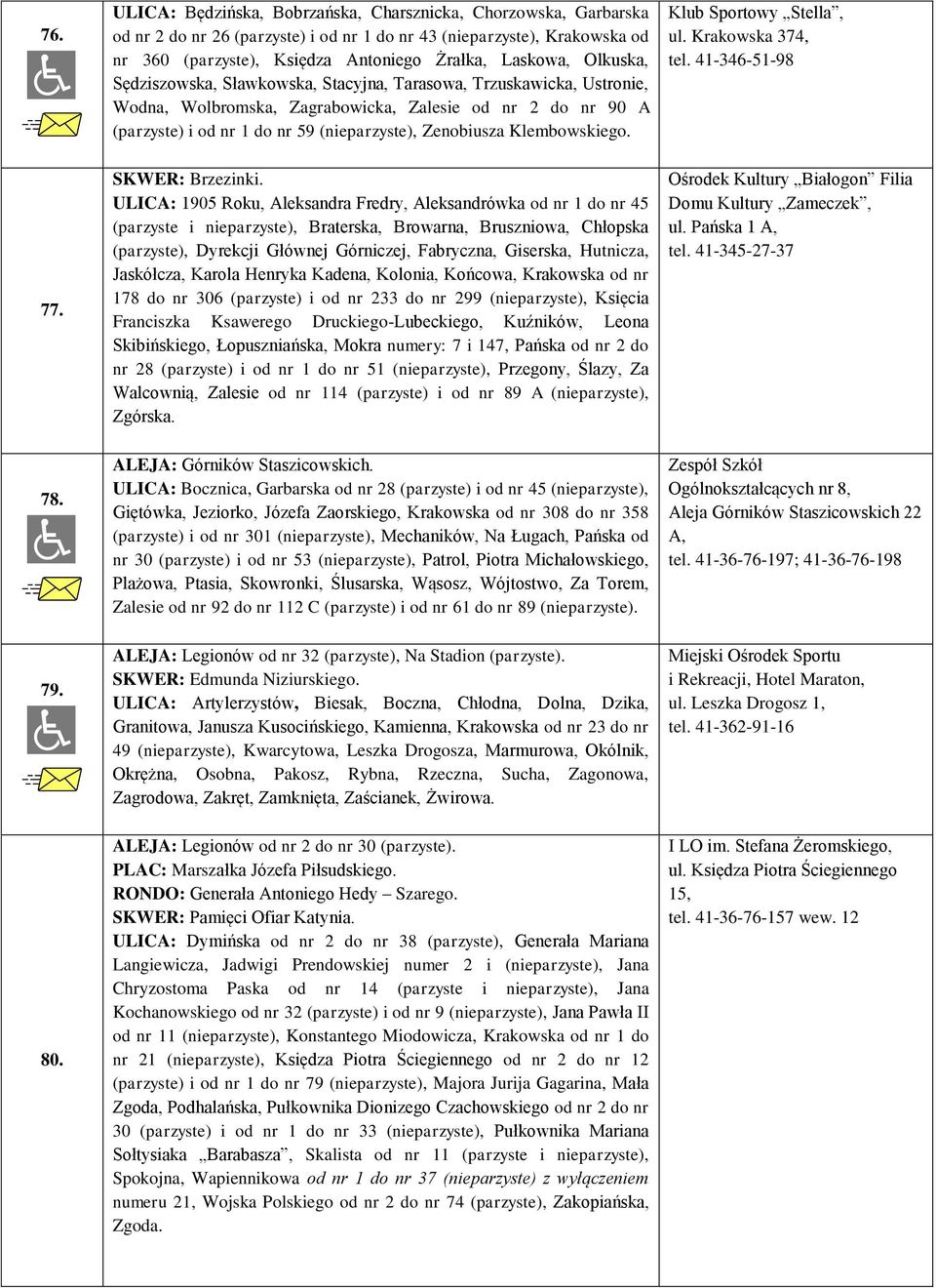 Klembowskiego. Klub Sportowy Stella, ul. Krakowska 374, tel. 41-346-51-98 77. SKWER: Brzezinki.