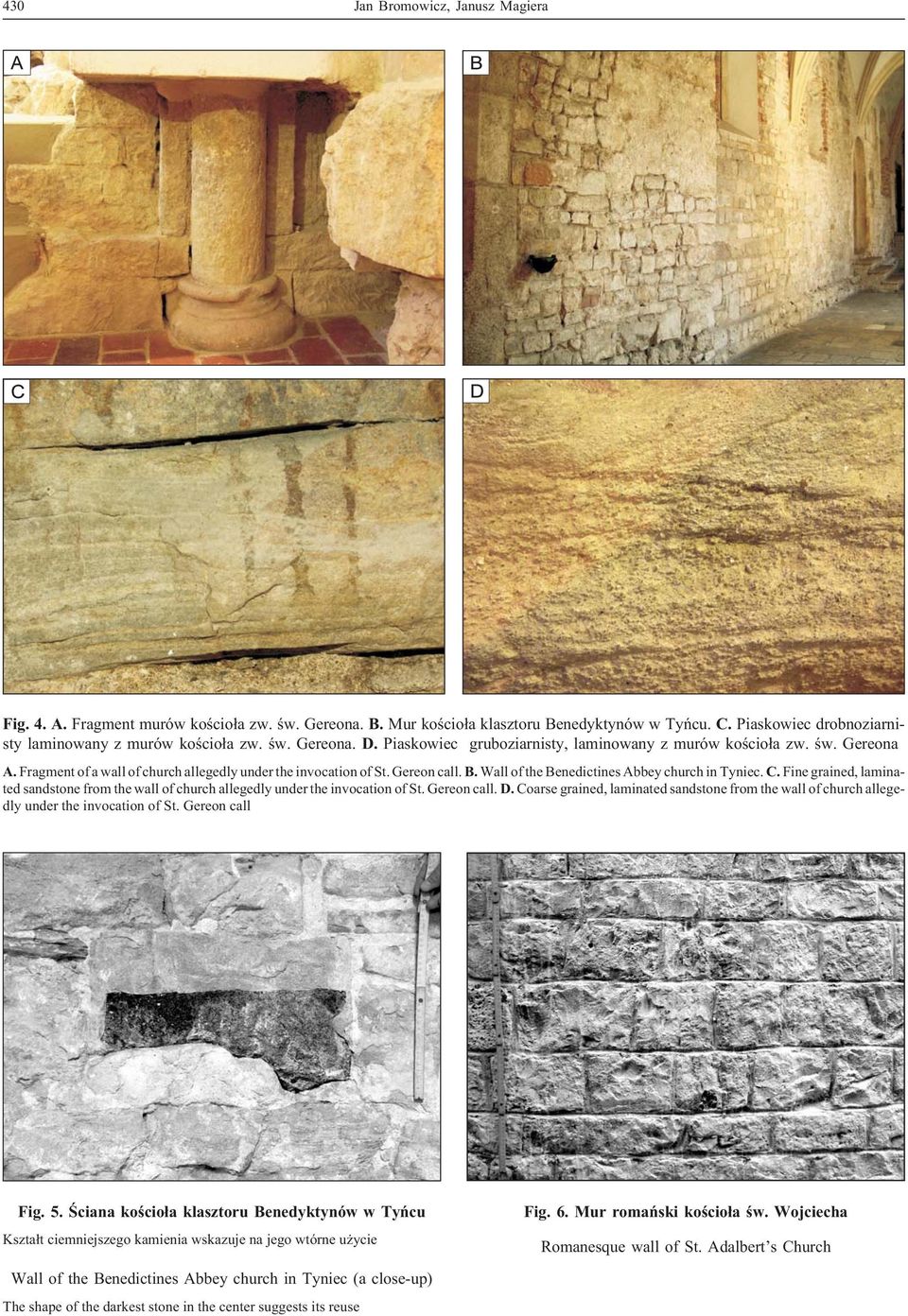 Wall of the Benedictines Abbey church in Tyniec. C. Fine grained, laminated sandstone from the wall of church allegedly under the invocation of St. Gereon call. D.