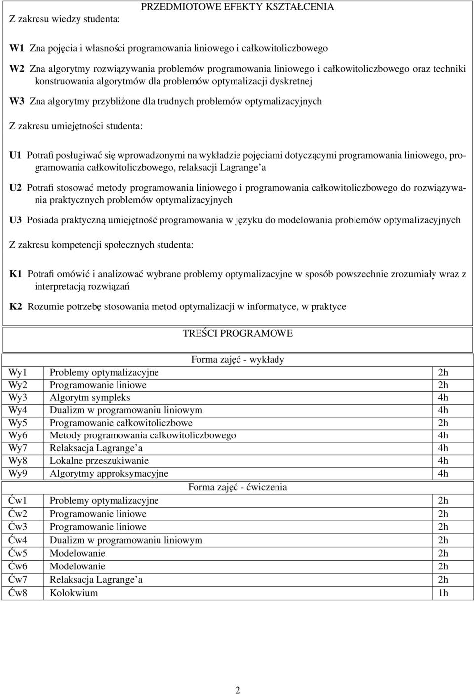 studenta: U1 Potrafi posługiwać się wprowadzonymi na wykładzie pojęciami dotyczącymi programowania liniowego, programowania całkowitoliczbowego, relaksacji Lagrange a U2 Potrafi stosować metody