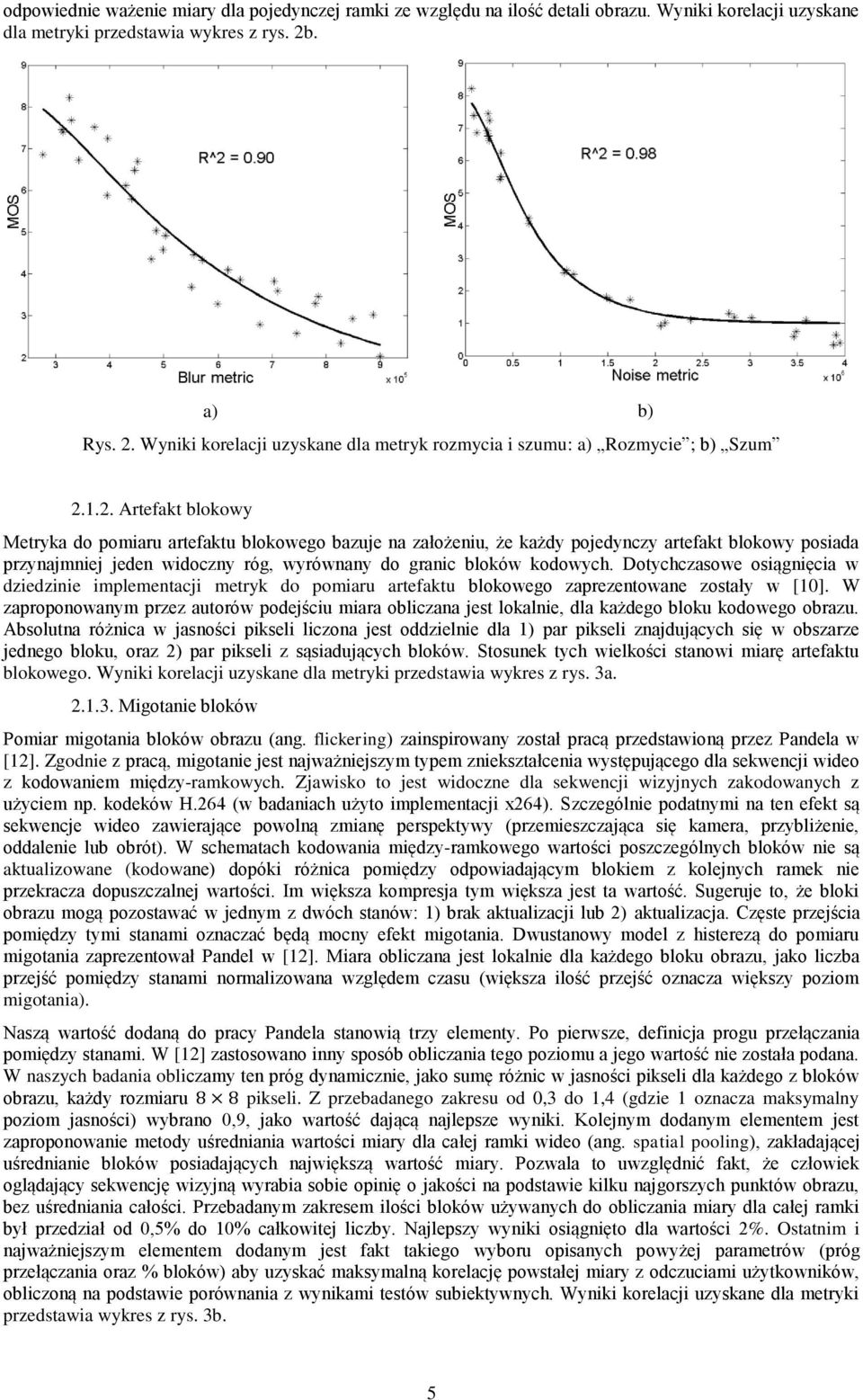 Wyniki korelacji uzyskane dla metryk rozmycia i szumu: a) Rozmycie ; b) Szum 2.