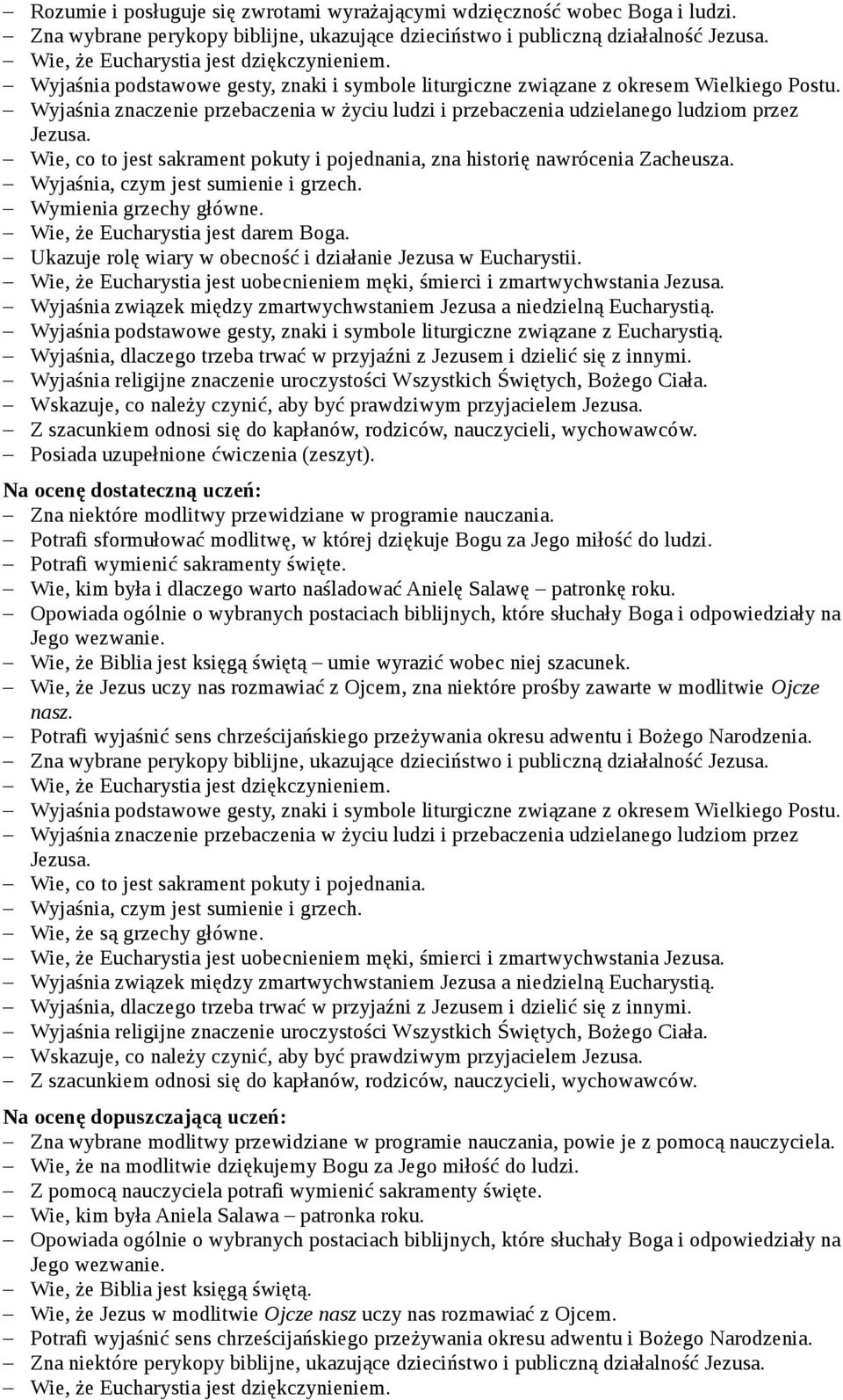 Wie, że Eucharystia jest darem Boga. Ukazuje rolę wiary w obecność i działanie Jezusa w Eucharystii. Wyjaśnia podstawowe gesty, znaki i symbole liturgiczne związane z Eucharystią.