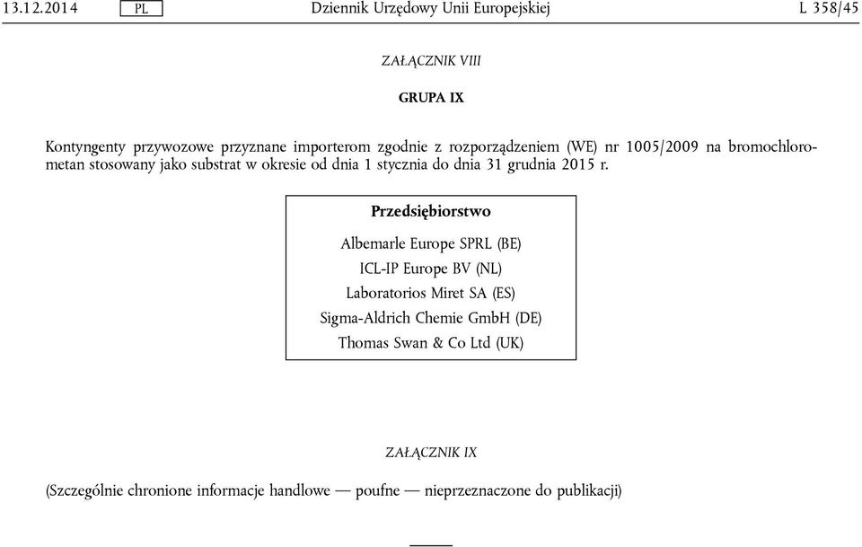 Albemarle Europe SPRL (BE) ICL-IP Europe BV (NL) Laboratorios Miret SA (ES) Sigma-Aldrich Chemie GmbH (DE)