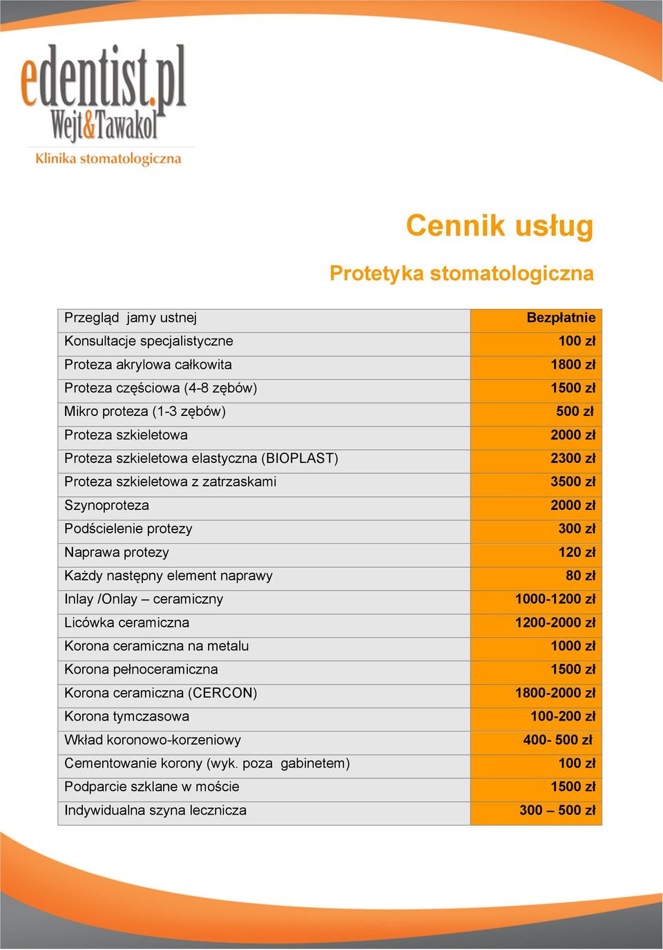 naprawy Inlay /Onlay ceramiczny Licówka ceramiczna Korona ceramiczna na metalu Korona pełnoceramiczna Korona ceramiczna (CERCON) Korona tymczasowa Wkład koronowo-korzeniowy