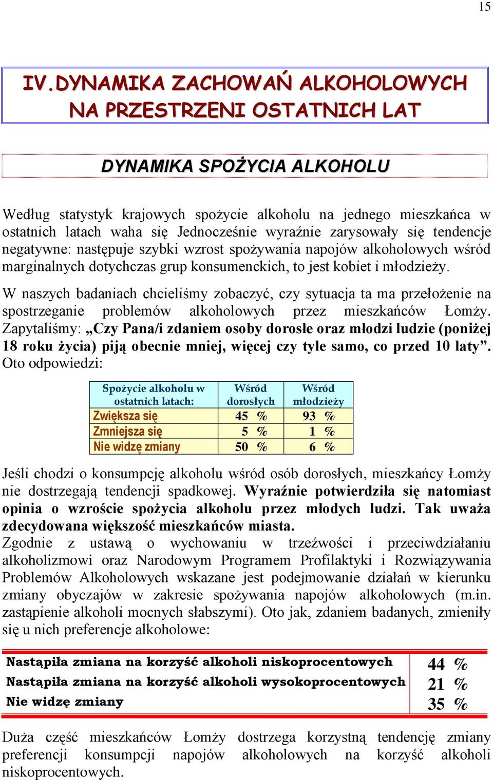 wyraźnie zarysowały się tendencje negatywne: następuje szybki wzrost spożywania napojów alkoholowych wśród marginalnych dotychczas grup konsumenckich, to jest kobiet i młodzieży.