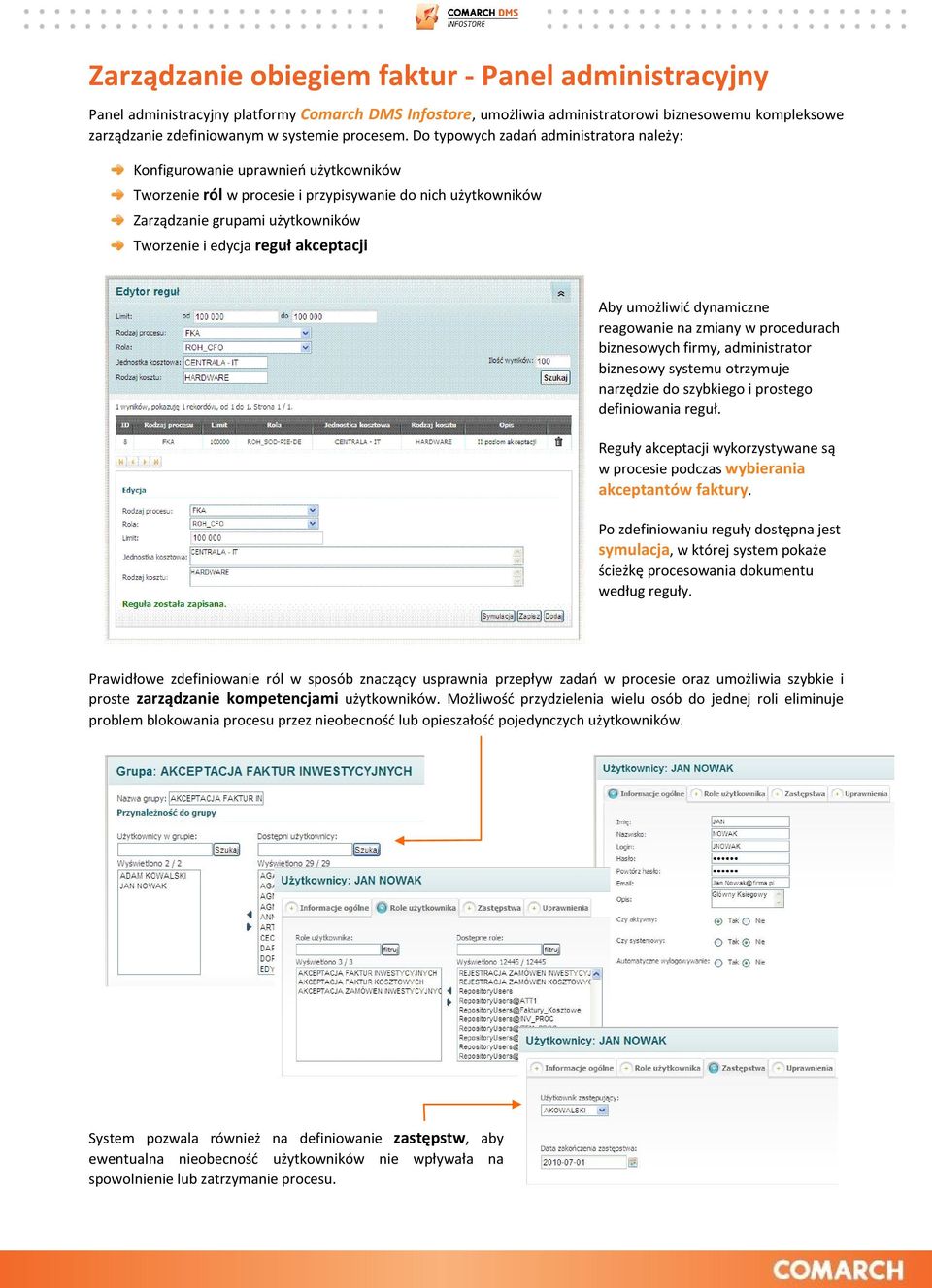 Do typowych zadań administratora należy: Konfigurowanie uprawnień użytkowników Tworzenie ról w procesie i przypisywanie do nich użytkowników Zarządzanie grupami użytkowników Tworzenie i edycja reguł