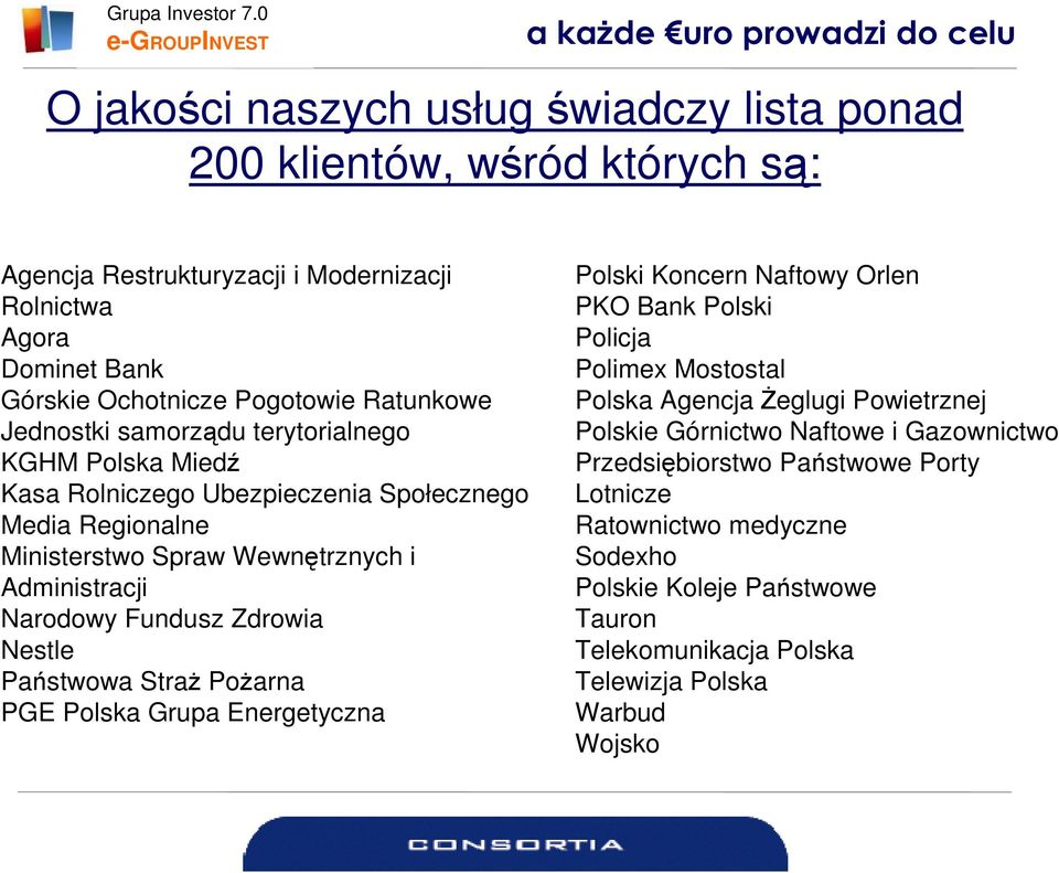 Fundusz Zdrowia Nestle Państwowa StraŜ PoŜarna PGE Polska Grupa Energetyczna Polski Koncern Naftowy Orlen PKO Bank Polski Policja Polimex Mostostal Polska Agencja śeglugi Powietrznej