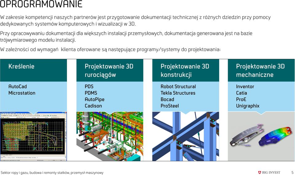 W zależności od wymagań klienta oferowane są następujące programy/systemy do projektowania: Kreślenie Projektowanie 3D Projektowanie 3D Projektowanie 3D rurociągów konstrukcji