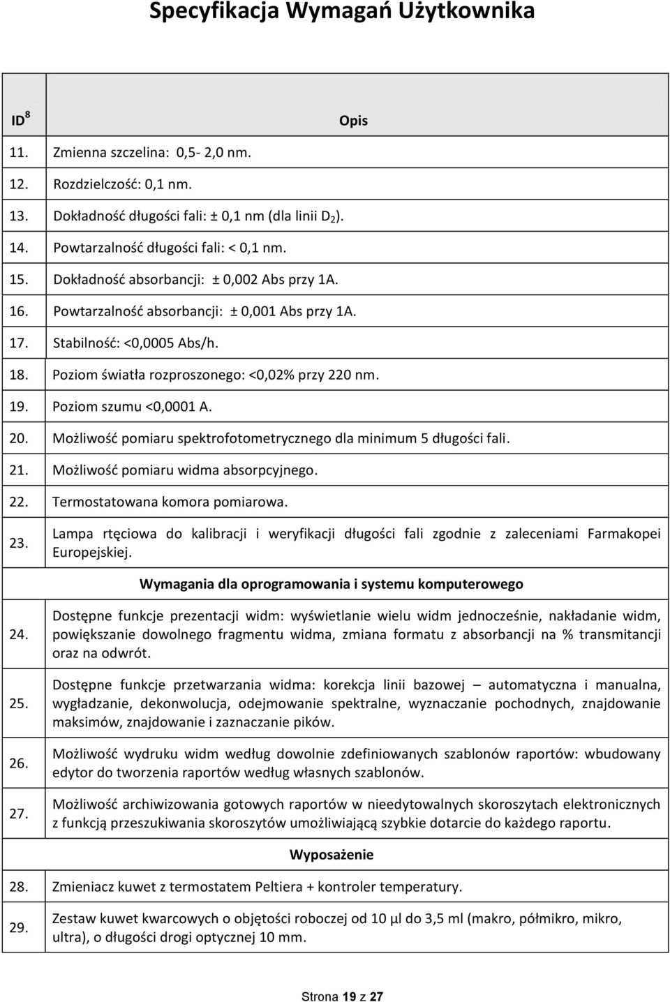 Poziom szumu <0,0001 A. 20. Możliwość pomiaru spektrofotometrycznego dla minimum 5 długości fali. 21. Możliwość pomiaru widma absorpcyjnego. 22. Termostatowana komora pomiarowa. 23.