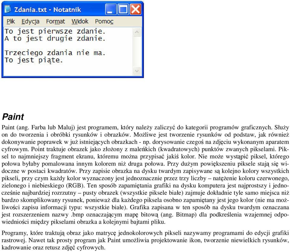 Point traktuje obrazek jako złoony z malekich (kwadratowych) punktów zwanych pikselami. Piksel to najmniejszy fragment ekranu, któremu mona przypisa jaki kolor.