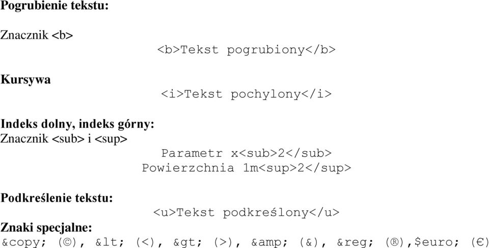 x<sub>2</sub> Powierzchnia 1m<sup>2</sup> Podkreślenie tekstu: <u>tekst