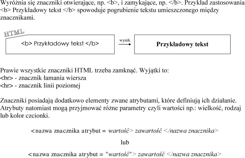 <b> Przykładowy tekst </b> wynik Przykładowy tekst Prawie wszystkie znaczniki HTML trzeba zamknąć.