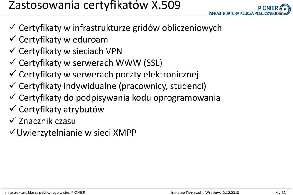 serwerach WWW (SSL) Certyfikaty w serwerach poczty elektronicznej Certyfikaty indywidualne (pracownicy, studenci)