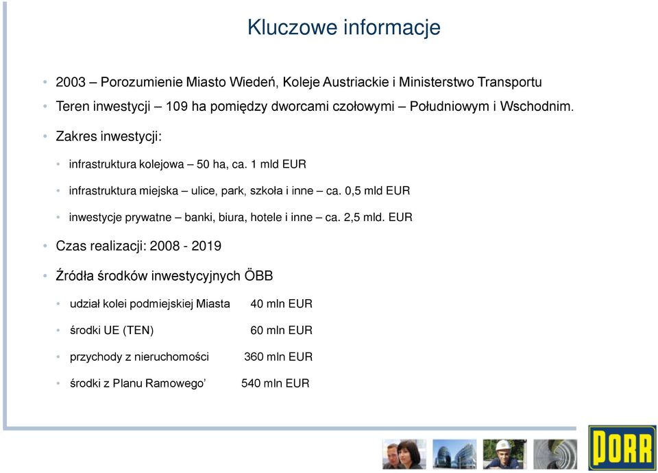 1 mld EUR infrastruktura miejska ulice, park, szkoła i inne ca. 0,5 mld EUR inwestycje prywatne banki, biura, hotele i inne ca. 2,5 mld.