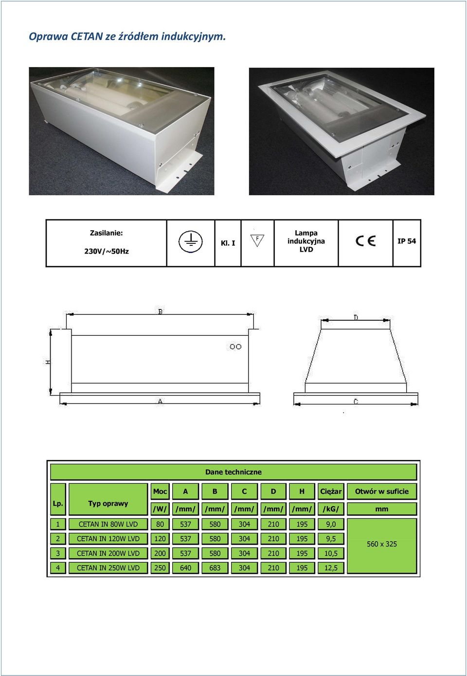 Typ oprawy Moc A B C D H Ciężar Otwór w suficie /W/ /mm/ /mm/ /mm/ /mm/ /mm/ /kg/ mm 1 CETAN IN 80W