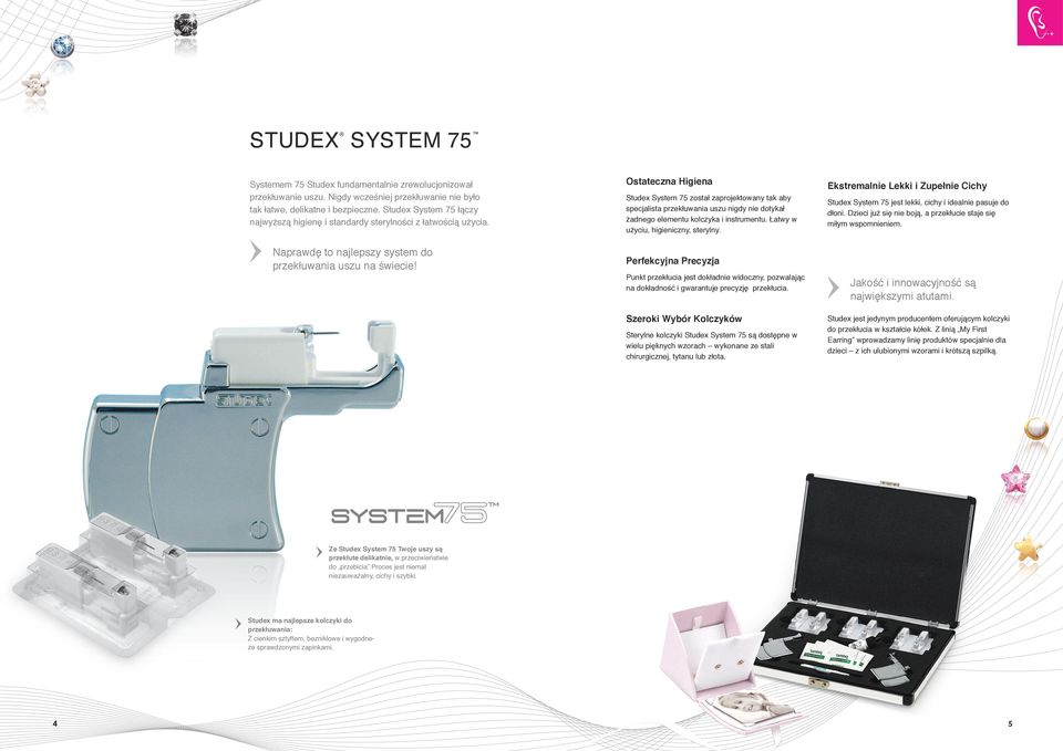 Ostateczna Higiena Studex System 75 został zaprojektowany tak aby specjalista przekłuwania uszu nigdy nie dotykał żadnego elementu kolczyka i instrumentu. Łatwy w użyciu, higieniczny, sterylny.