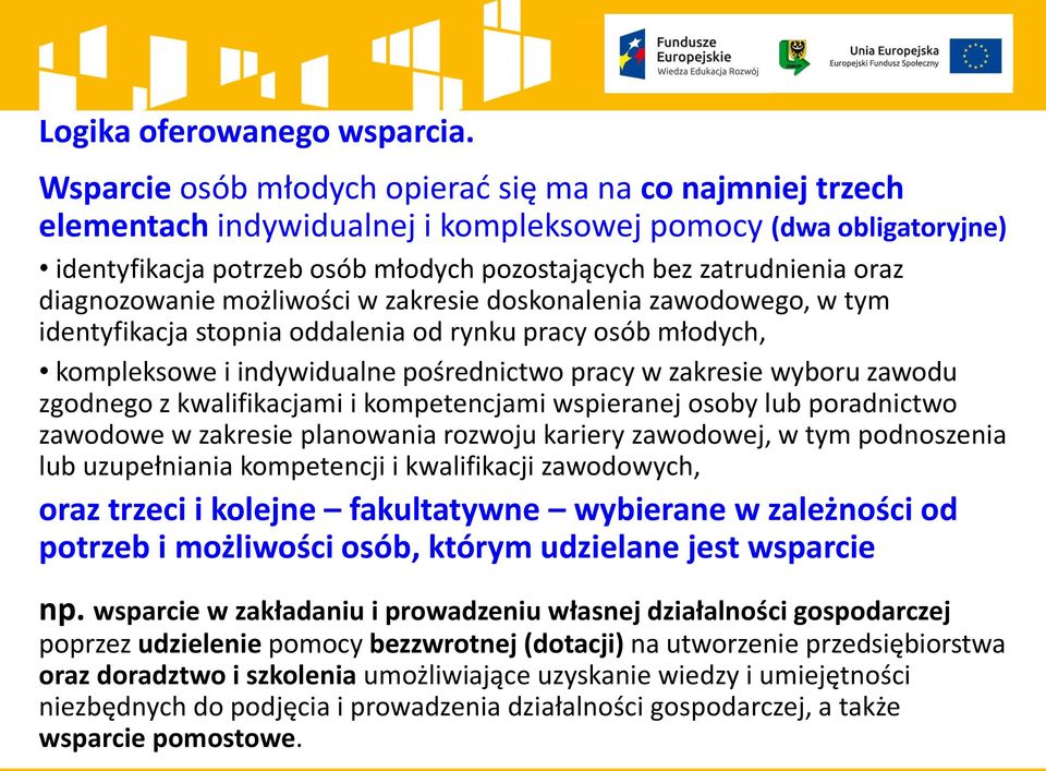 diagnozowanie możliwości w zakresie doskonalenia zawodowego, w tym identyfikacja stopnia oddalenia od rynku pracy osób młodych, kompleksowe i indywidualne pośrednictwo pracy w zakresie wyboru zawodu