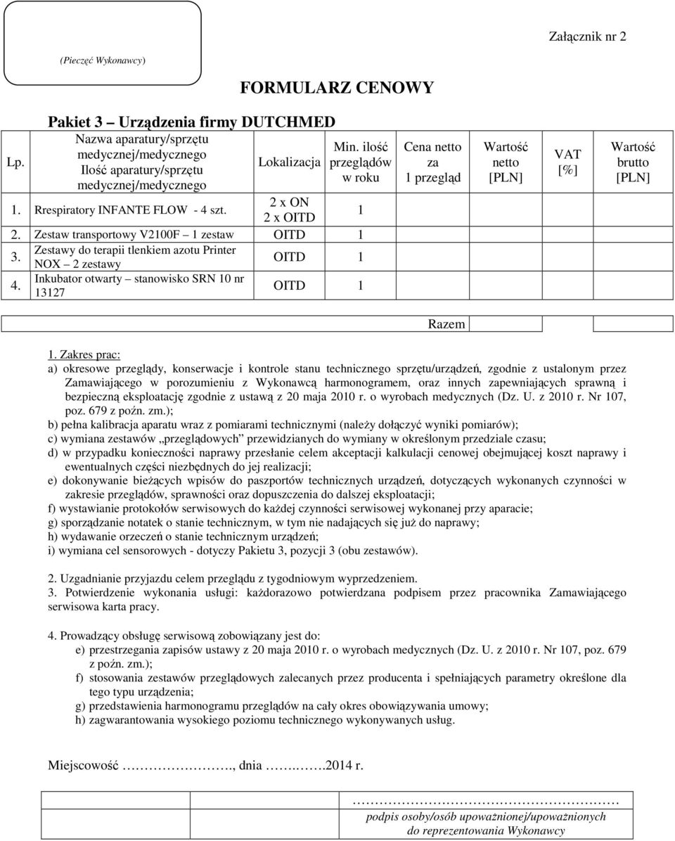 Inkubator otwarty stanowisko SRN 0 nr 327 OITD Cena netto za przegląd netto VAT [%] brutto Razem.