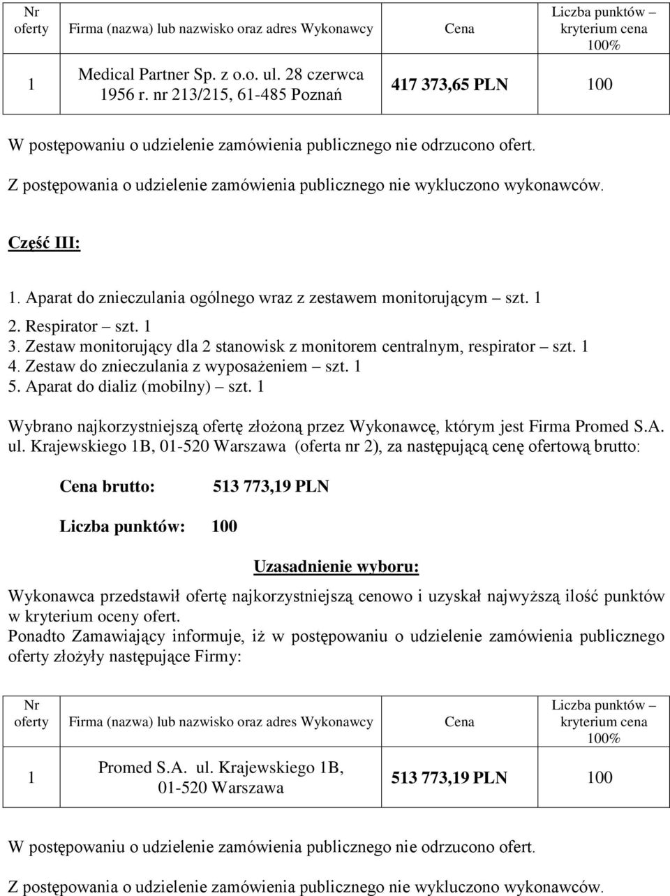 Zestaw monitorujący dla 2 stanowisk z monitorem centralnym, respirator szt. 4. Zestaw do znieczulania z wyposażeniem szt. 5. Aparat do dializ (mobilny) szt.