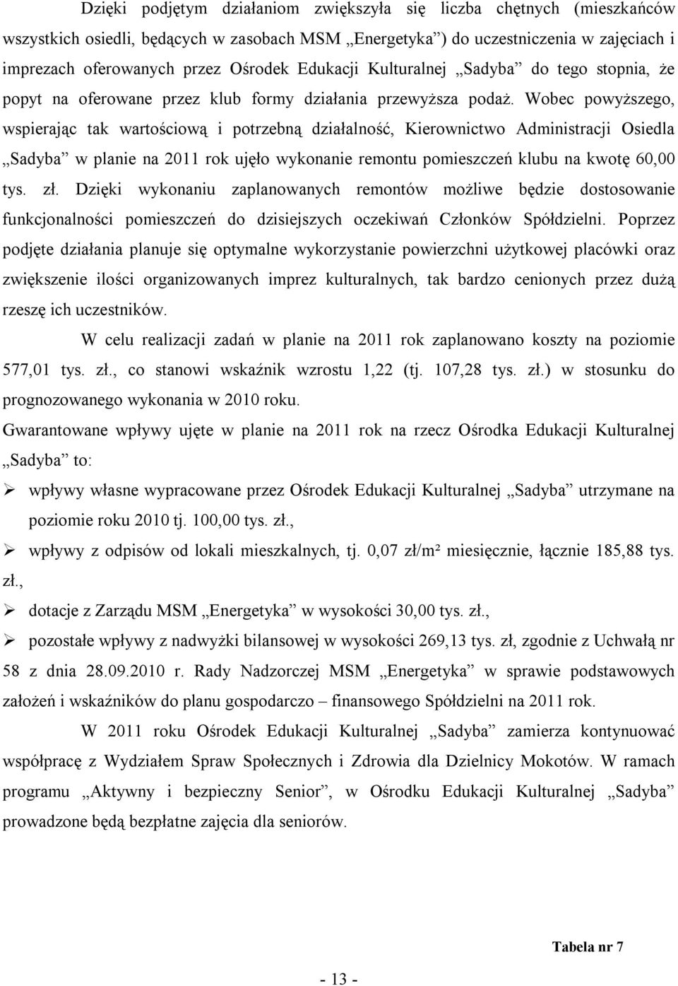 Wobec powyższego, wspierając tak wartościową i potrzebną działalność, Kierownictwo Administracji Osiedla Sadyba w planie na 2011 rok ujęło wykonanie remontu pomieszczeń klubu na kwotę 60,00 tys. zł.