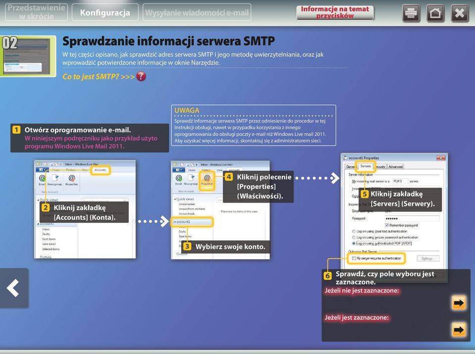 Sprawdź informacje serwera SMTP przez odniesienie do procedur w tej Instrukcji obsługi, nawet w przypadku korzystania z innego oprogramowania do obsługi poczty e-mail niż Windows Live mail 2011.