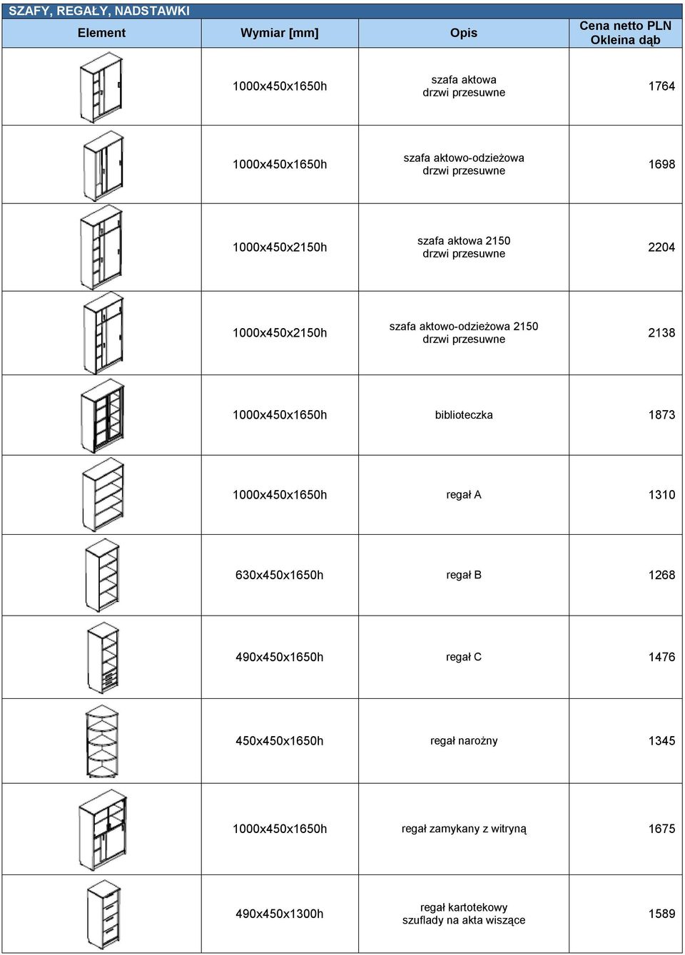 biblioteczka 1873 1000x450x1650h regał A 1310 630x450x1650h regał B 1268 490x450x1650h regał C 1476