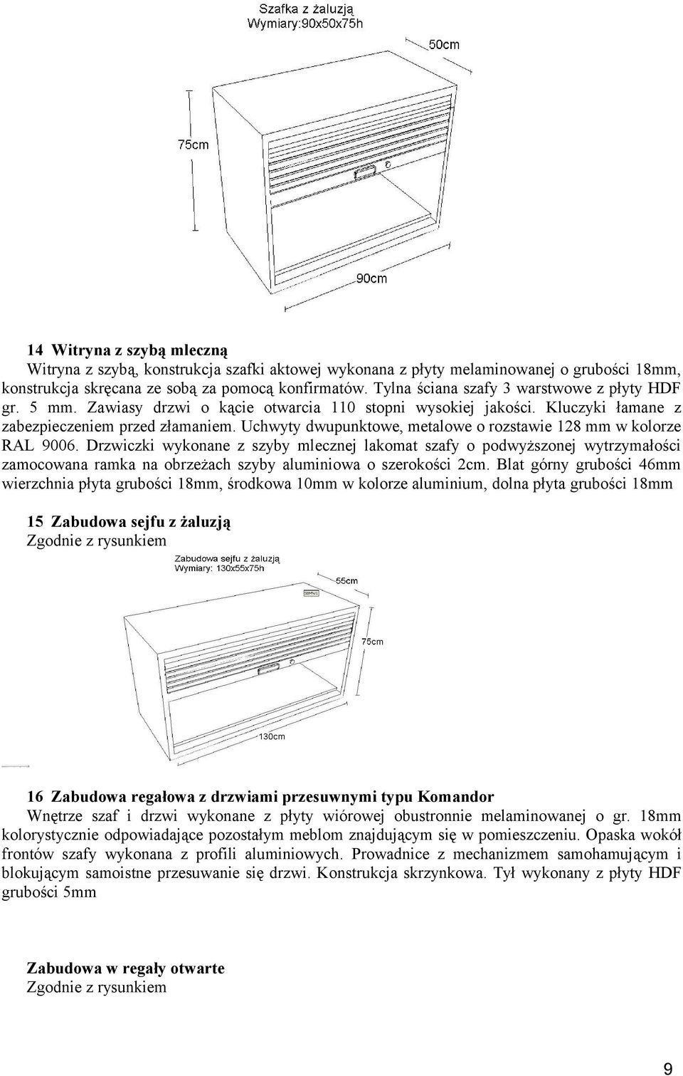 Uchwyty dwupunktowe, metalowe o rozstawie 128 mm w kolorze RAL 9006.