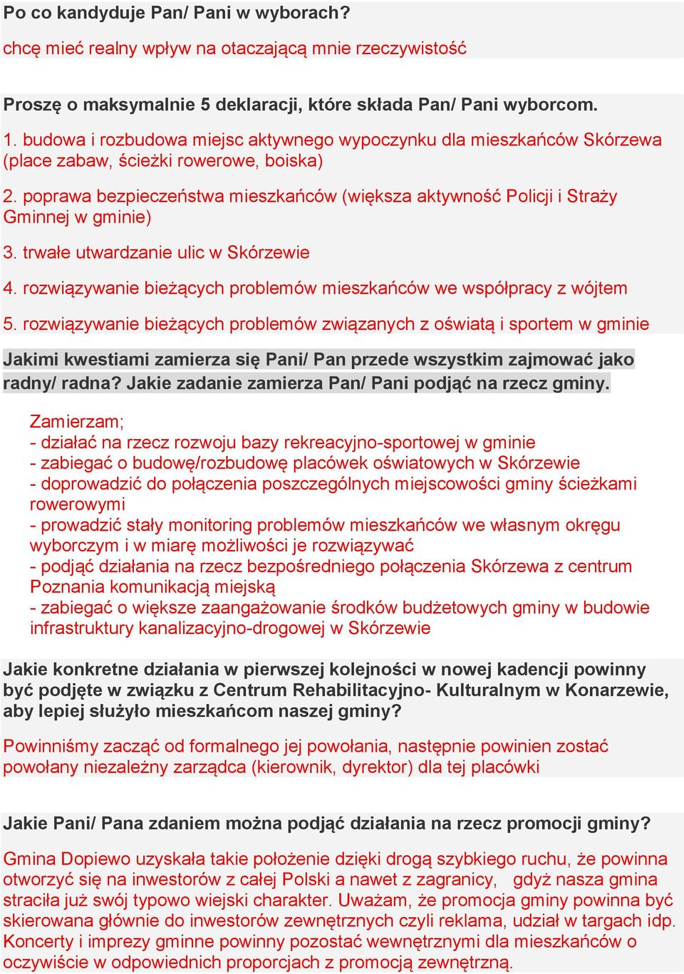 poprawa bezpieczeństwa mieszkańców (większa aktywność Policji i Straży Gminnej w gminie) 3. trwałe utwardzanie ulic w Skórzewie 4.