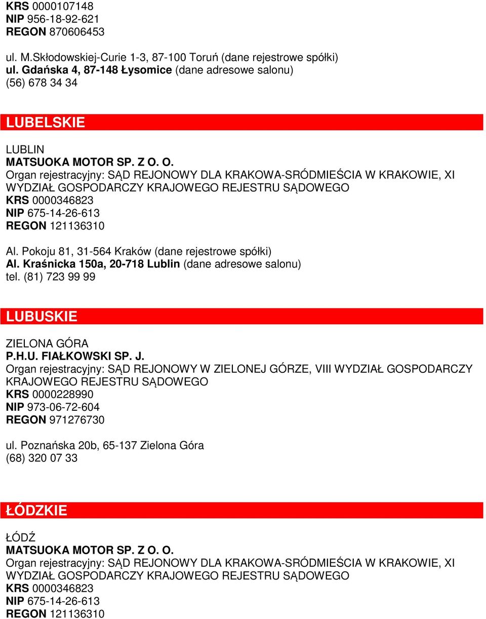 O. Organ rejestracyjny: SĄD REJONOWY DLA KRAKOWA-SRÓDMIEŚCIA W KRAKOWIE, XI KRS 0000346823 NIP 675-14-26-613 REGON 121136310 Al. Pokoju 81, 31-564 Kraków (dane rejestrowe spółki) Al.