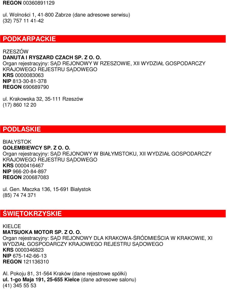 Krakowska 32, 35-111 Rzeszów (17) 860 12 20 PODLASKIE BIAŁYSTOK GOŁEMBIEWCY SP. Z O.