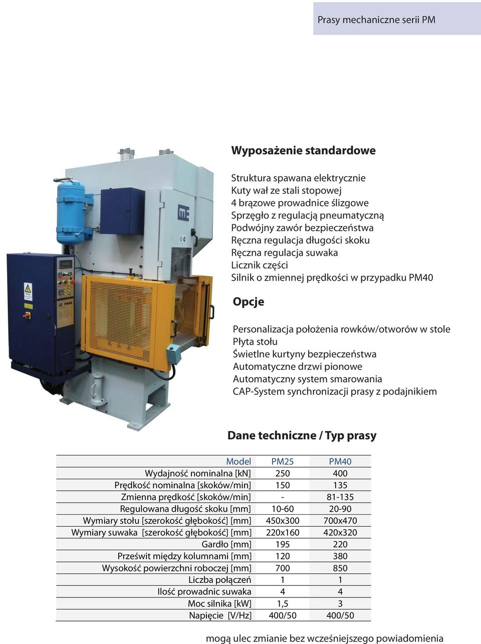 Świetlne kurtyny bezpieczeństwa Automatyczne drzwi pionowe Automatyczny system smarowania CAP-System synchronizacji prasy z podajnikiem Dane techniczne / Typ prasy Model PM25 PM40 Wydajność nominalna