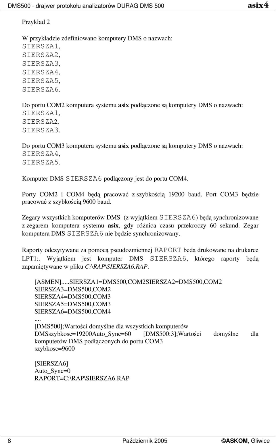 Do portu COM3 komputera systemu asix podłączone są komputery DMS o nazwach: SIERSZA4, SIERSZA5. Komputer DMS SIERSZA6 podłączony jest do portu COM4.