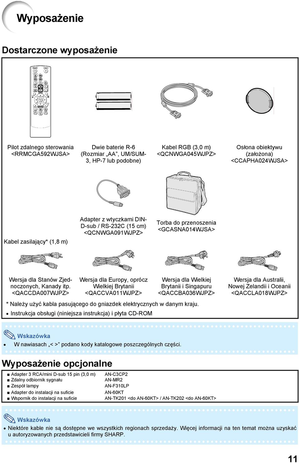<QACCDA007WJPZ> Wersja dla Europy, oprócz Wielkiej Brytanii <QACCVA011WJPZ> Wersja dla Wielkiej Brytanii i Singapuru <QACCBA036WJPZ> * Należy użyć kabla pasującego do gniazdek elektrycznych w danym