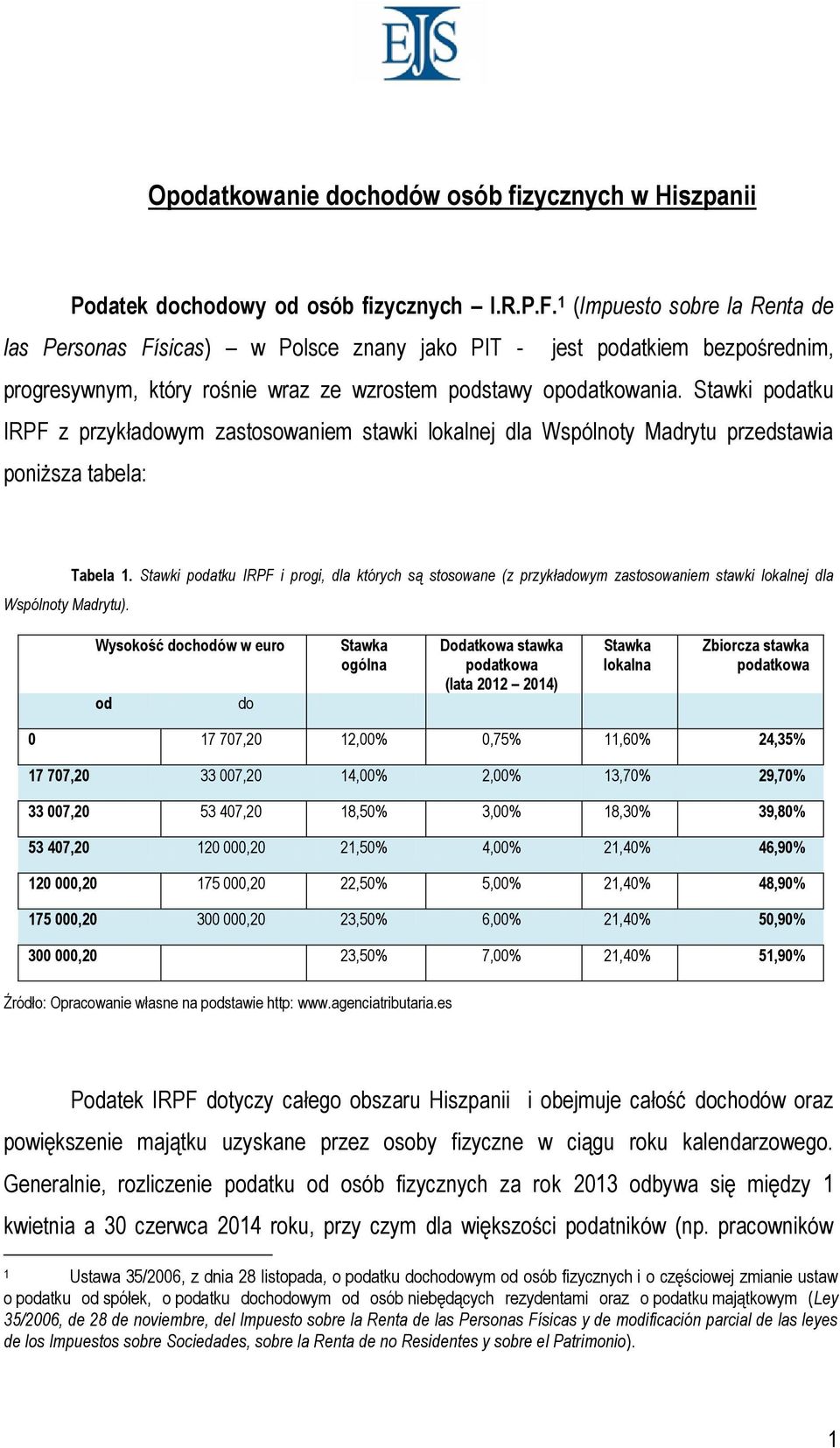 Stawki podatku IRPF z przykładowym zastosowaniem stawki lokalnej dla Wspólnoty Madrytu przedstawia poniższa tabela: Wspólnoty Madrytu). Tabela 1.
