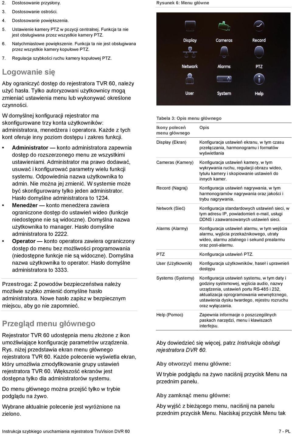 Logowanie się Aby ograniczyć dostęp do rejestratora TVR 60, należy użyć hasła. Tylko autoryzowani użytkownicy mogą zmieniać ustawienia menu lub wykonywać określone czynności.