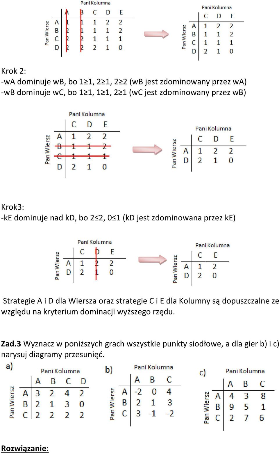 dla Wiersza oraz strategie C i E dla Kolumny są dopuszczalne ze względu na kryterium dominacji wyższego rzędu.