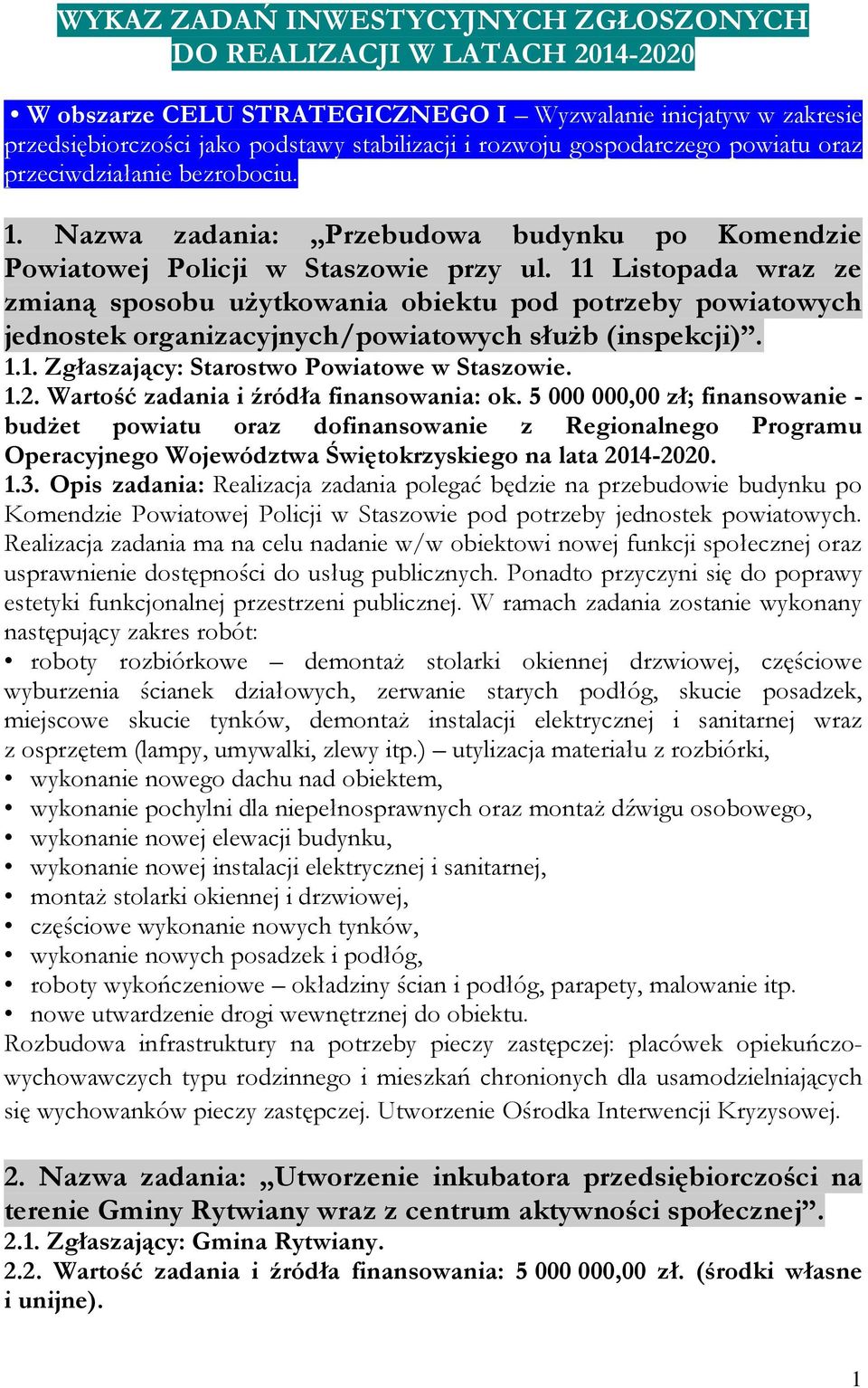 11 Listopada wraz ze zmianą sposobu użytkowania obiektu pod potrzeby powiatowych jednostek organizacyjnych/powiatowych służb (inspekcji). 1.1. Zgłaszający: Starostwo Powiatowe w Staszowie. 1.2.