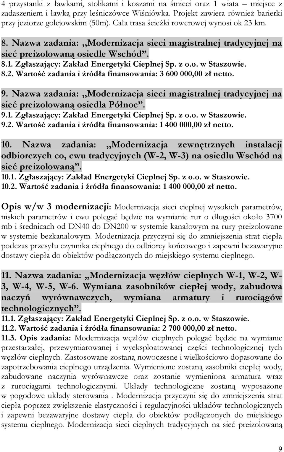 o. w Staszowie. 8.2. Wartość zadania i źródła finansowania: 3 600 000,00 zł netto. 9. Nazwa zadania:,,modernizacja sieci magistralnej tradycyjnej na sieć preizolowaną osiedla Północ. 9.1.