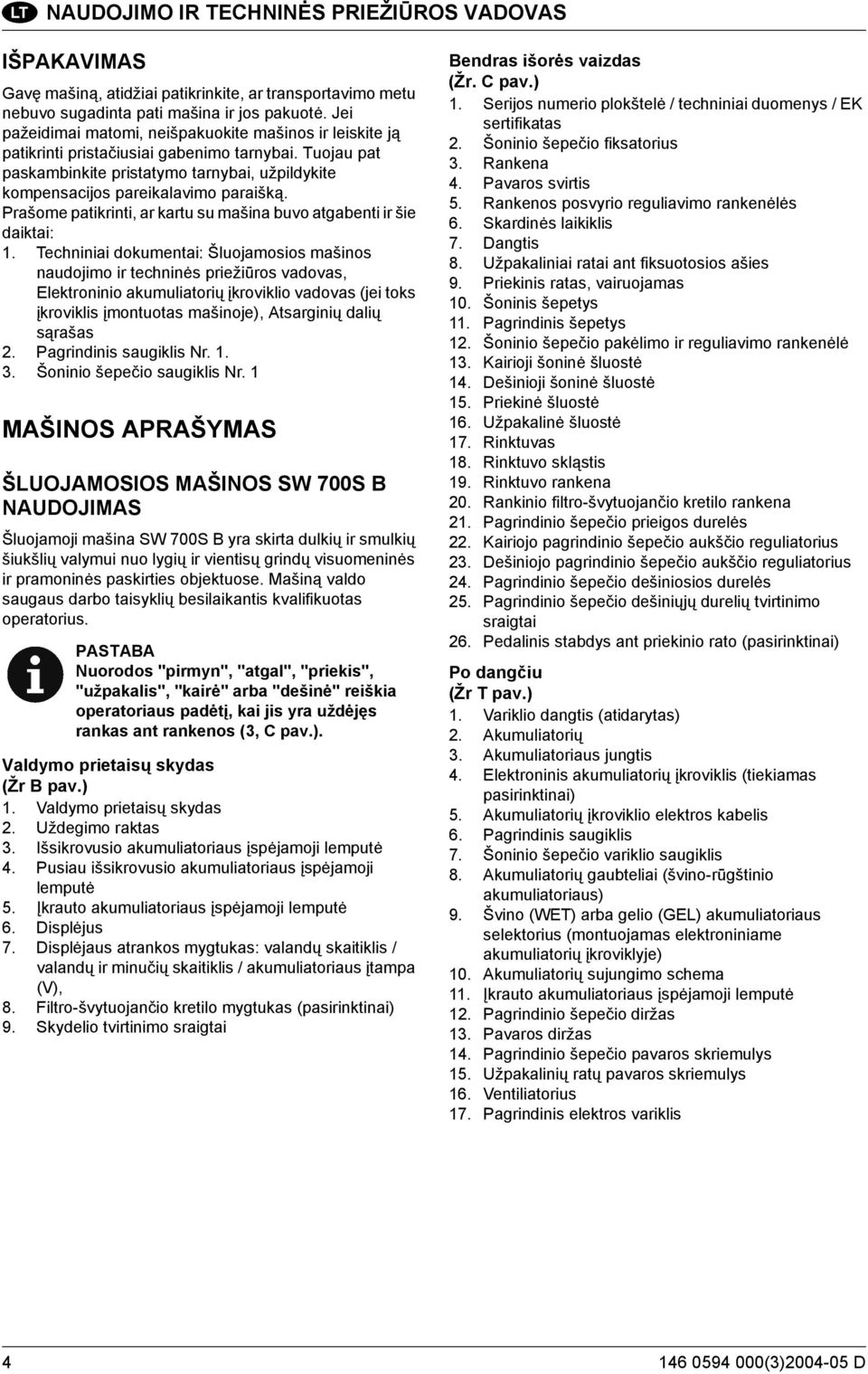 Prašome patikrinti, ar kartu su mašina buvo atgabenti ir šie daiktai: 1.