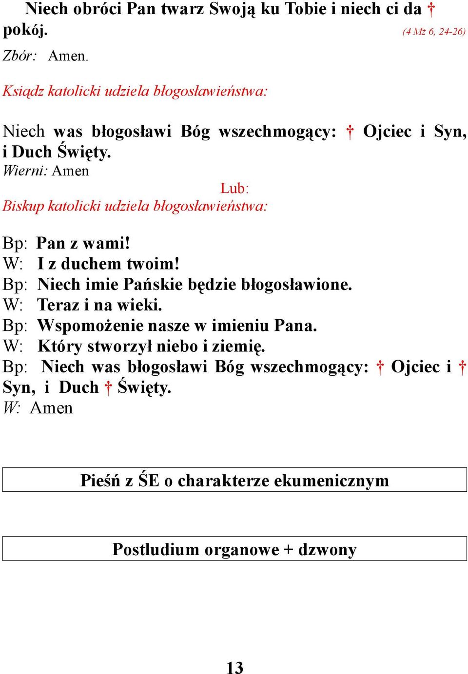 Wierni: Amen Lub: Biskup katolicki udziela błogosławieństwa: Bp: Pan z wami! W: I z duchem twoim! Bp: Niech imie Pańskie będzie błogosławione.