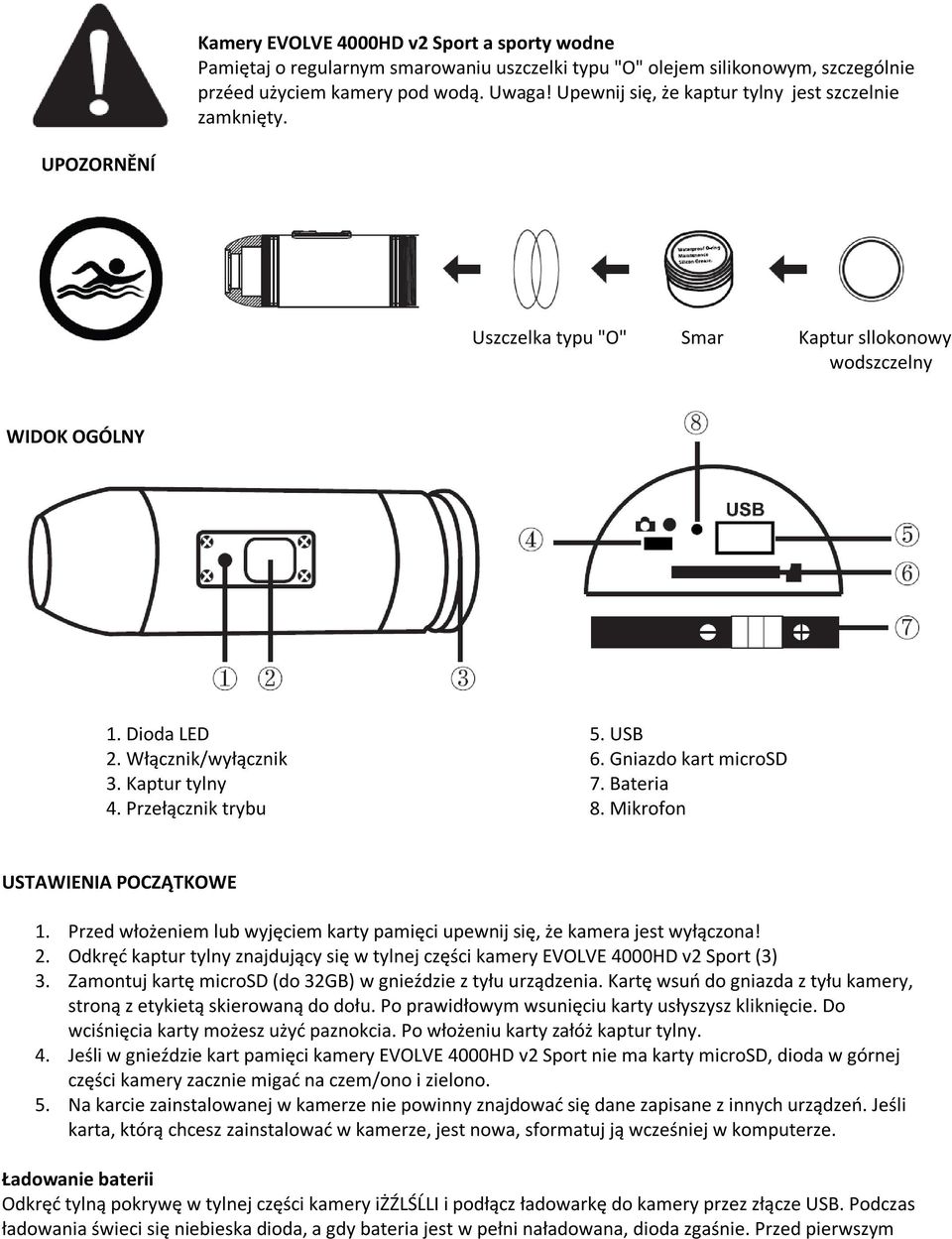 Przełącznik trybu 5. USB 6. Gniazdo kart microsd 7. Bateria 8. Mikrofon USTAWIENIA POCZĄTKOWE 1. Przed włożeniem lub wyjęciem karty pamięci upewnij się, że kamera jest wyłączona! 2.