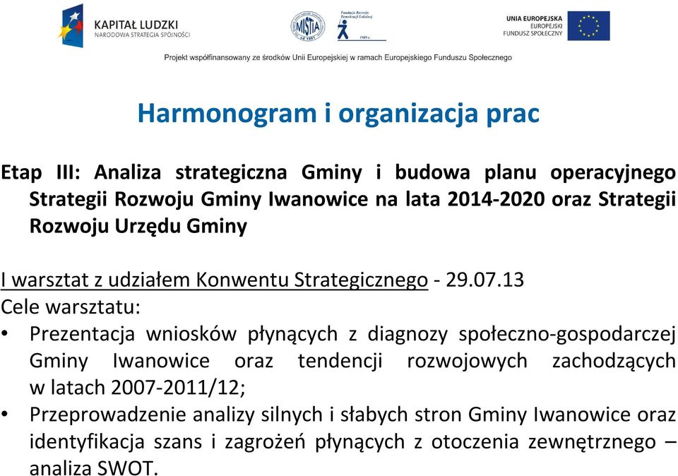 13 Cele warsztatu: Prezentacja wniosków płynących z diagnozy społeczno-gospodarczej Gminy Iwanowice oraz tendencji rozwojowych