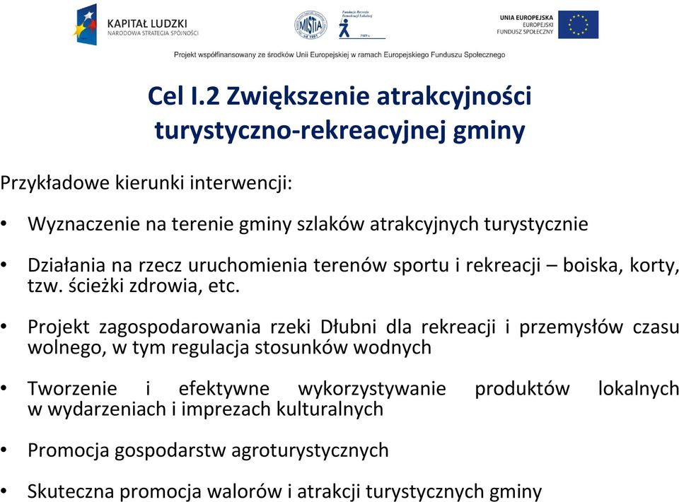 turystycznie Działania na rzecz uruchomienia terenów sportu i rekreacji boiska, korty, tzw. ścieżki zdrowia, etc.