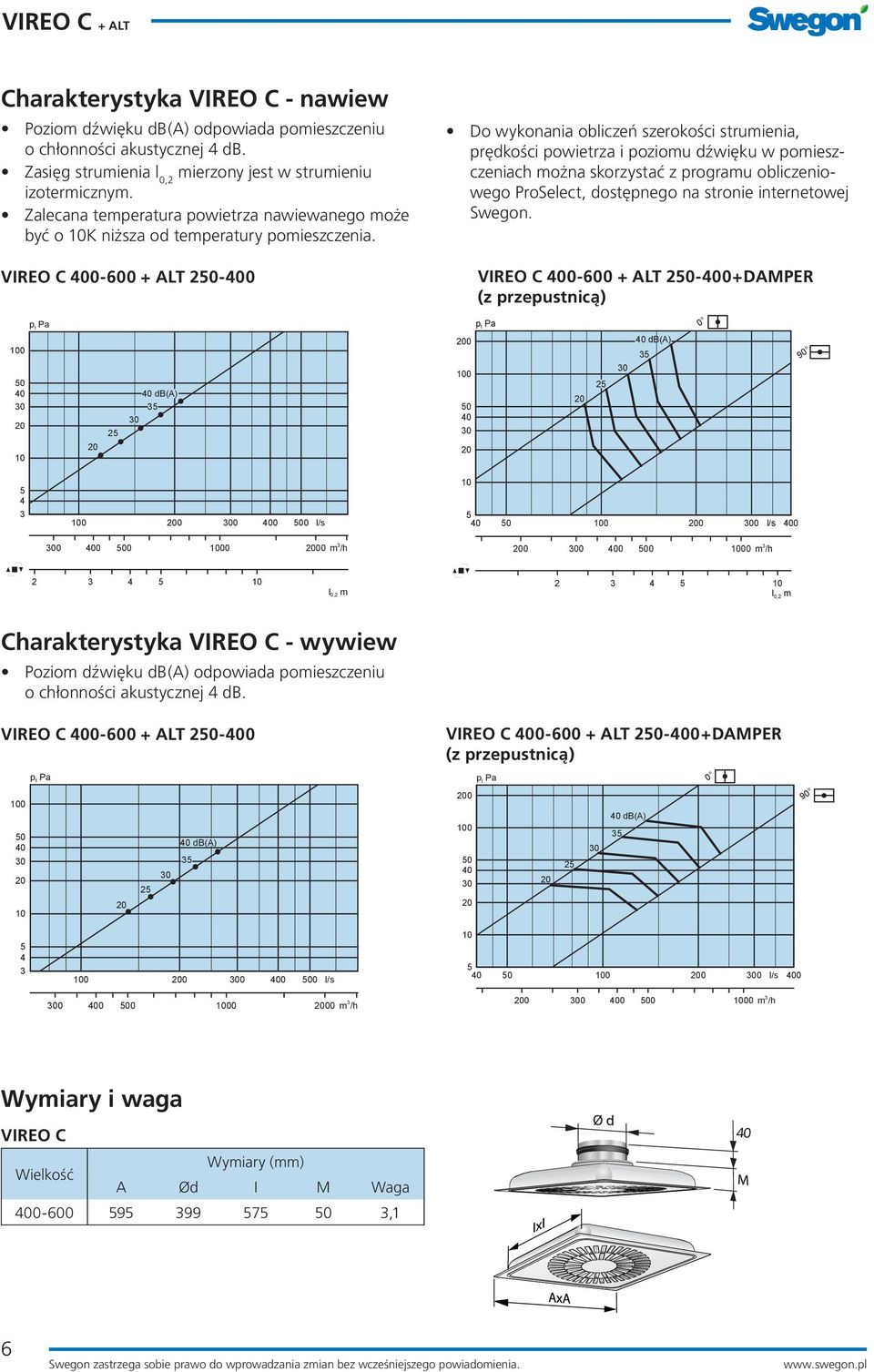 VIREO C 0-600 + ALT 20-0 Do wykonania obliczeń szerokości strumienia, prędkości powietrza i poziomu dźwięku w pomieszczeniach można skorzystać z programu obliczeniowego ProSelect, dostępnego na