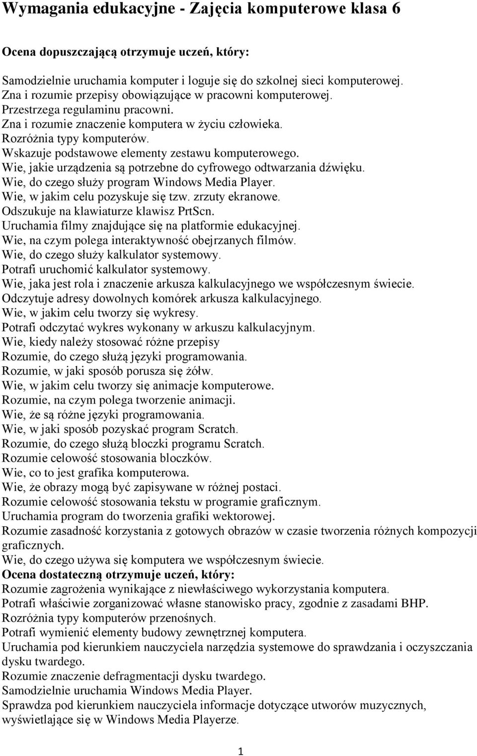 Rozróżnia typy komputerów. Wskazuje podstawowe elementy zestawu komputerowego. Wie, jakie urządzenia są potrzebne do cyfrowego odtwarzania dźwięku. Wie, do czego służy program Windows Media Player.