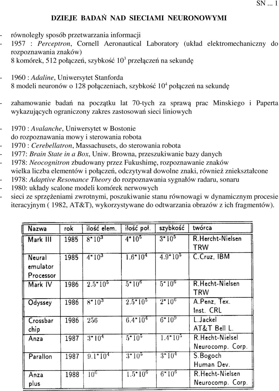 tku lat 70-tych za spraw prac Minskiego i Paperta wykazuj cych ograniczony zakres zastosowa½ sieci liniowych - 1970 : Avalanche, Uniwersytet w Bostonie do rozpoznawania mowy i sterowania robota -